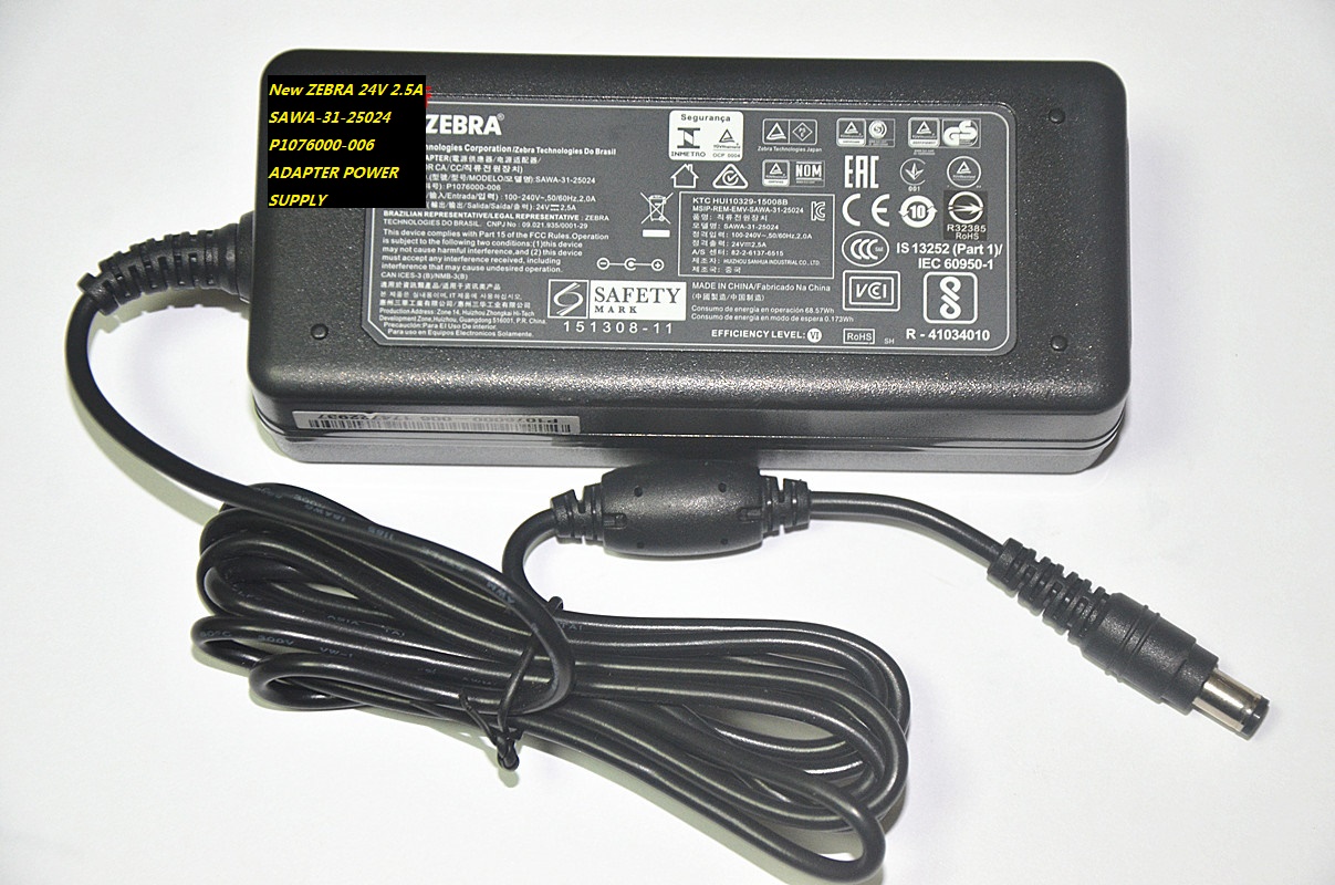 New P1076000-006 24V 2.5A ZEBRA SAWA-31-25024 ADAPTER POWER SUPPLY - Click Image to Close